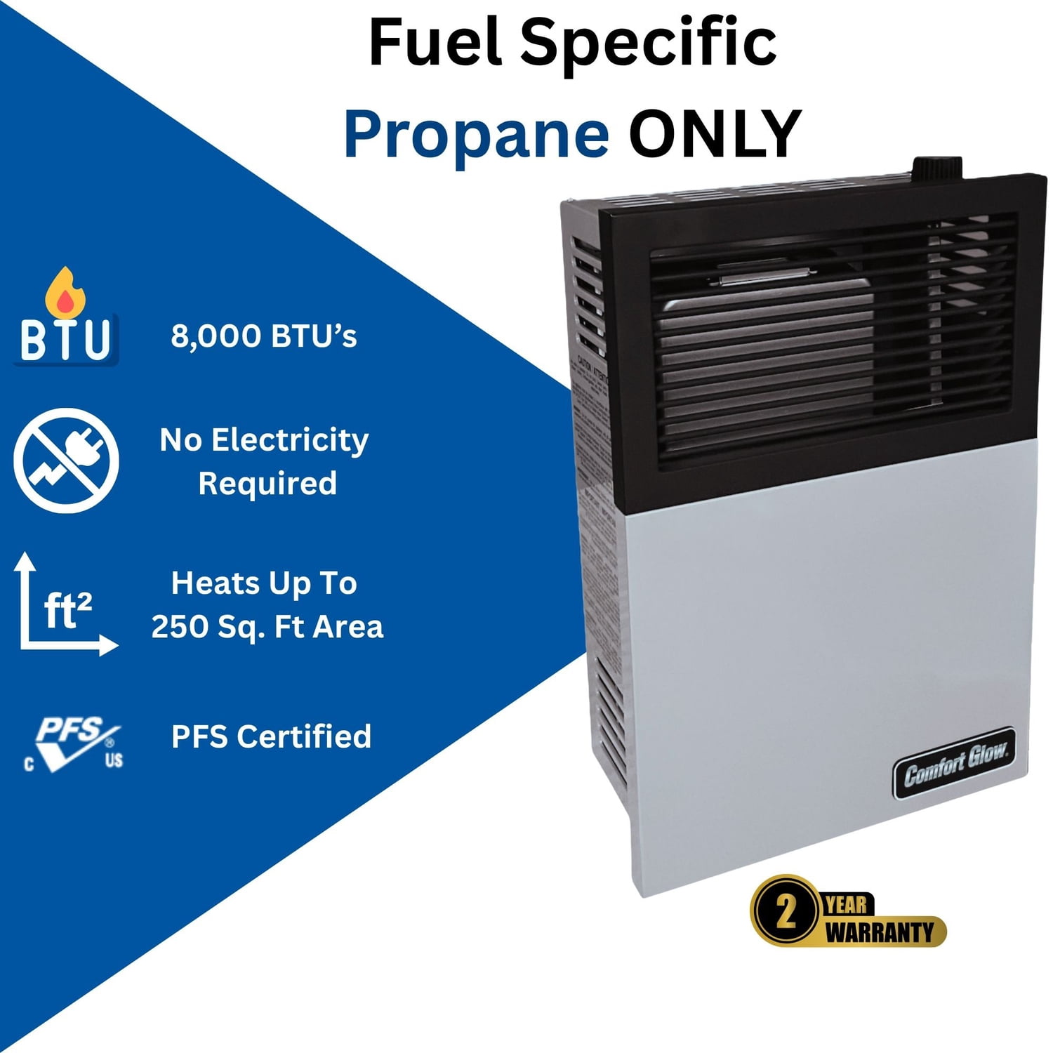 Comfort Glow 8,000 BTU Direct-Vent Propane Wall Heater with Vent Kit, Matchless Piezo Ignition with Adjustable Heat Control, 250 Sq. Ft, DVP08