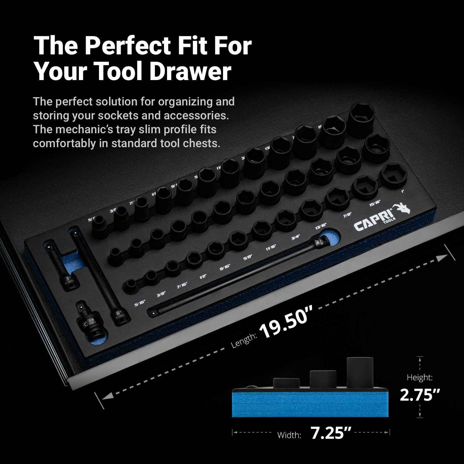 Capri Tools 3/8 in. Drive Master Shallow, Semi-Deep and Deep Impact Socket Set with Extensions and Universal Joint, SAE, 5/16 to 1 in., 40-Piece with Mechanic's Tray