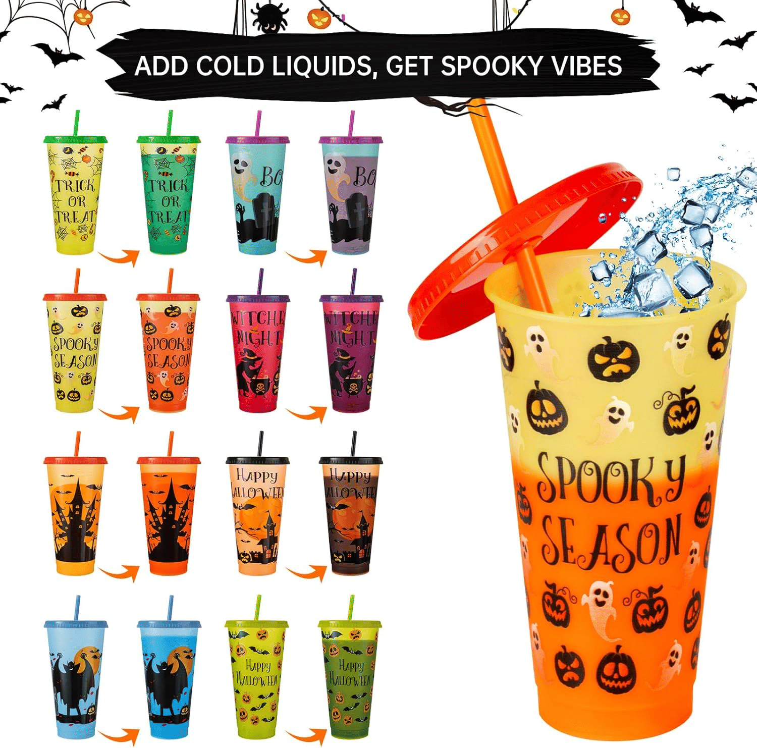 24 oz Color Changing Halloween Cups Set of 8 with Spooky Designs