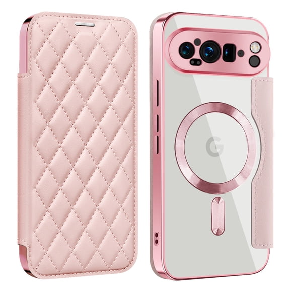 ELEHOLD Leather Wallet Case for Google Pixel 10 Built-in Lens Protector ,Compatible with Mag-safe Accessories, Shockproof RFID Blocking Card Slot Leather Magnetic Cover Women Men, Pink