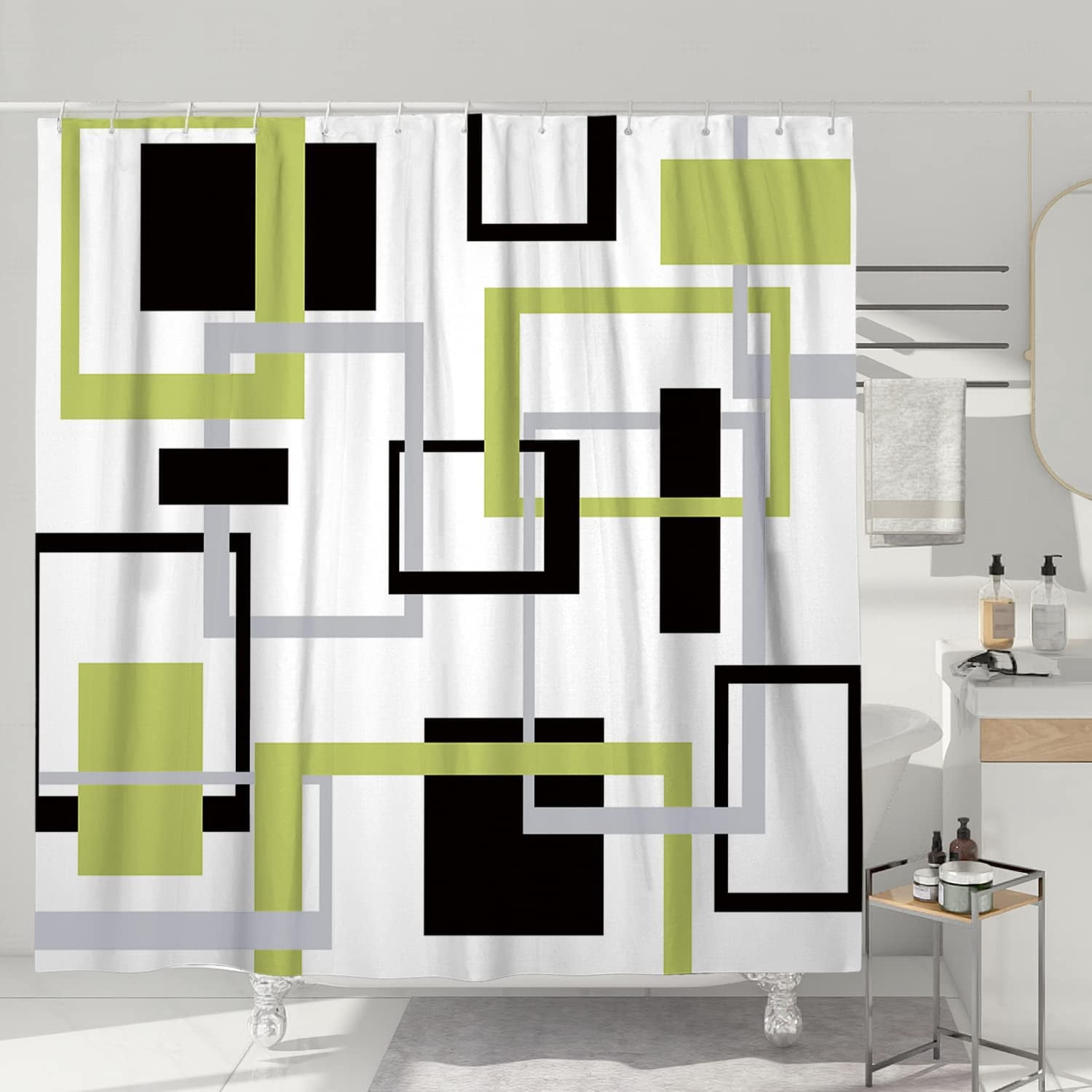 Green Black Geometric Shower Curtain Set Neutral Abstract Shower Curtains for Bathroom Modern Bathroom Decor Polyester Fabric-72" x 72"