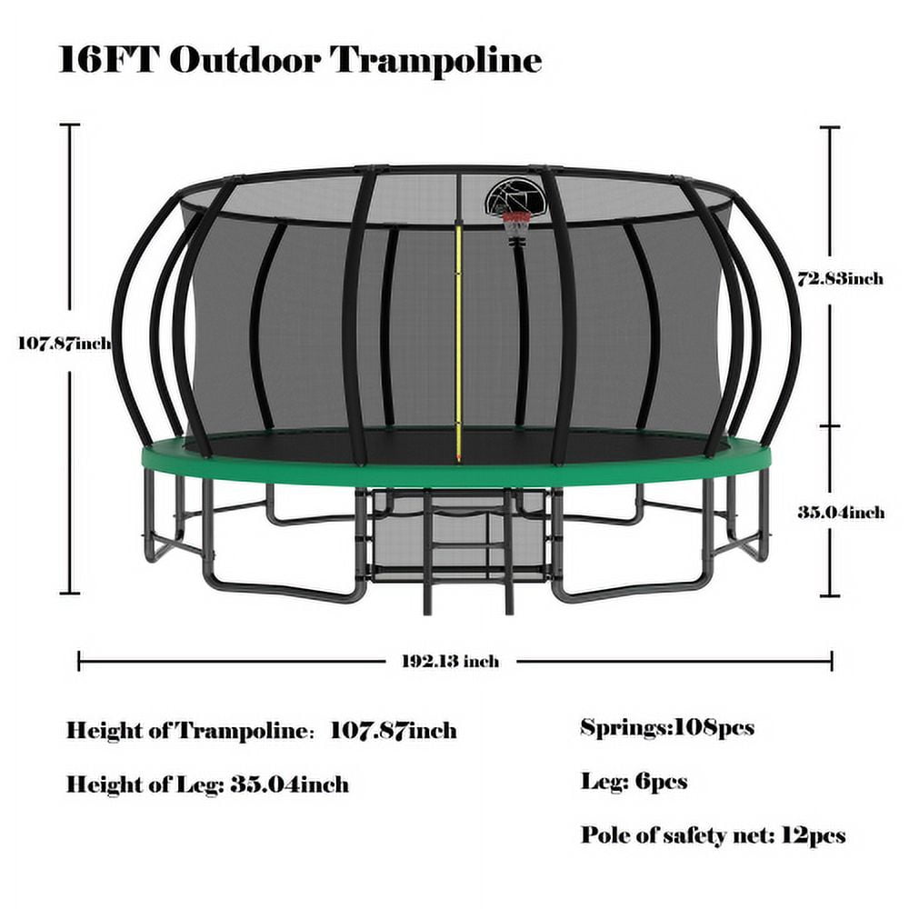 16FT Trampoline for Kids and Adults,Outdoor Pumpkin Trampolines with Curved Poles,Heavy Duty Trampoline with Ladder and Basketball Hoop,Green