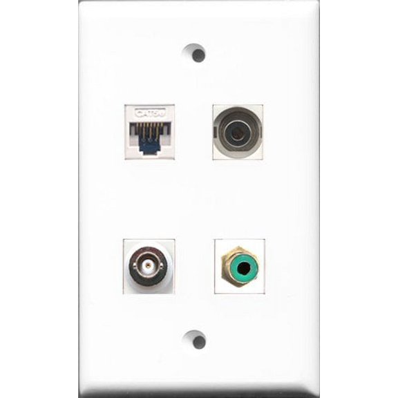 RiteAV - 1 Port RCA Green and 1 Port 3.5mm and 1 Port BNC and 1 Port Cat5e Ethernet White Wall Plate