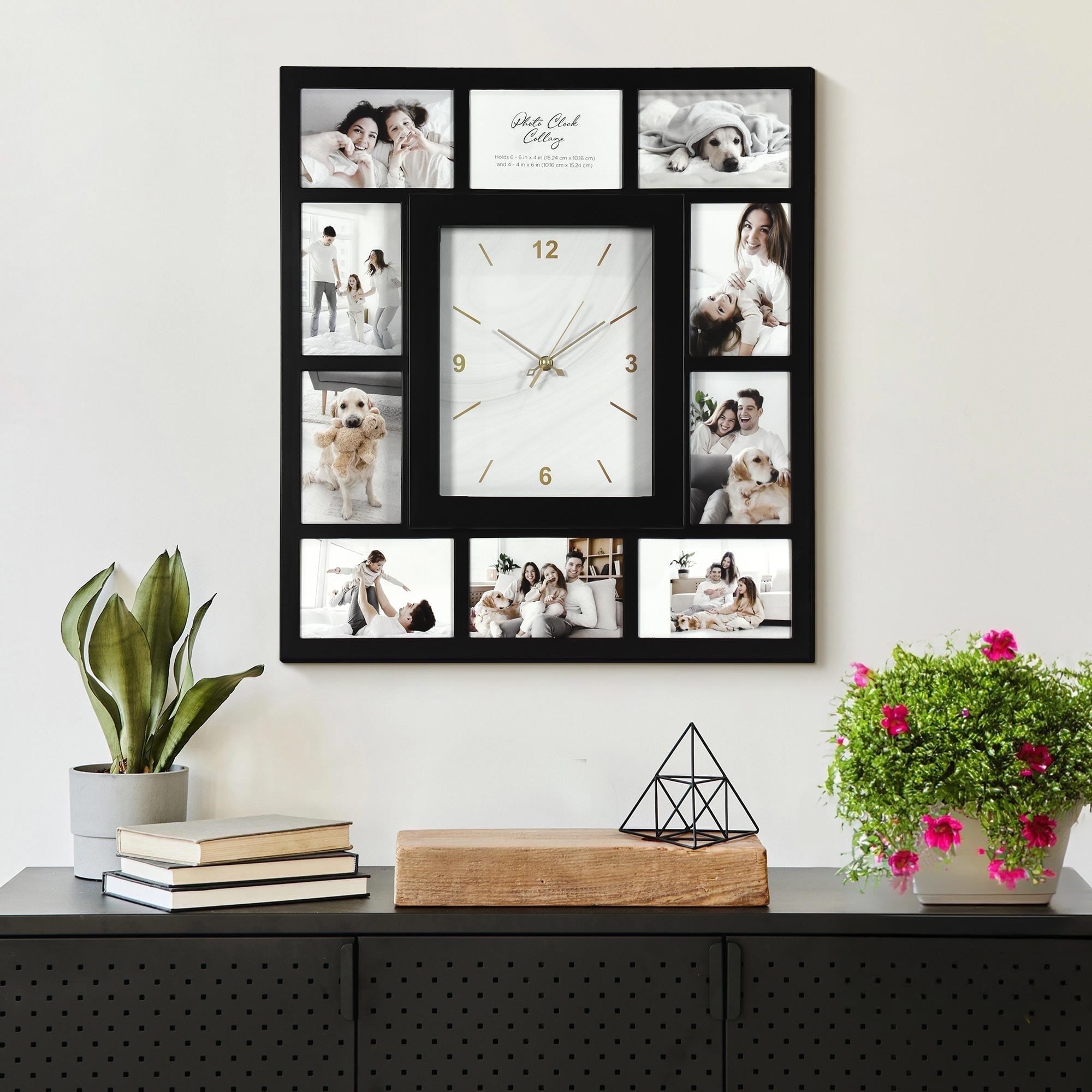 American Art Decor Picture Frame Collage Wall Clock - 10 Photo Display Slots (Black, 19.25"x 21.5")