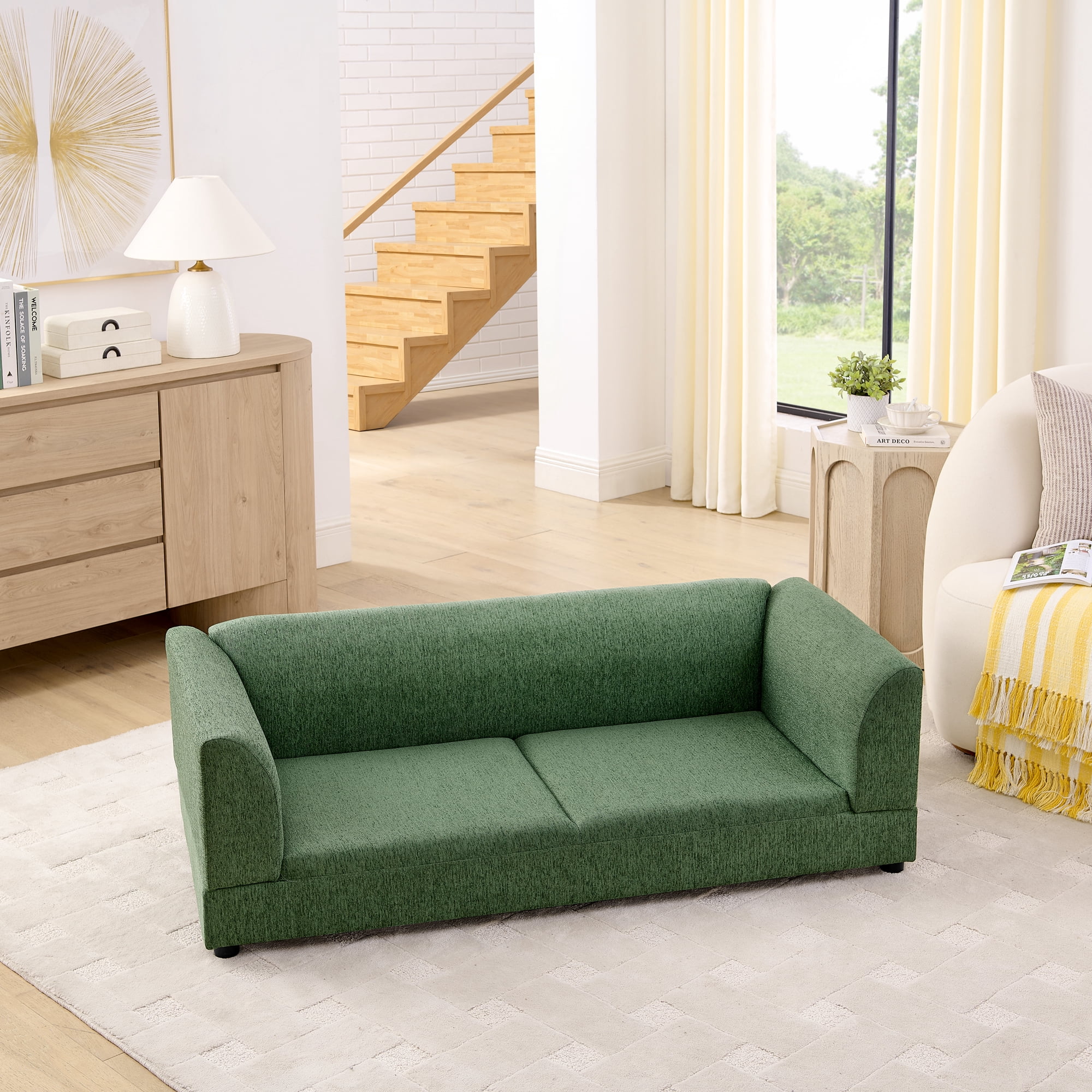 Oversized Pet Sofa for Medium/Large Dogs, Modern Rectangular Design with Backrest, Armrests & Soft Cushion, Olive Green (56.5"*26"*17")