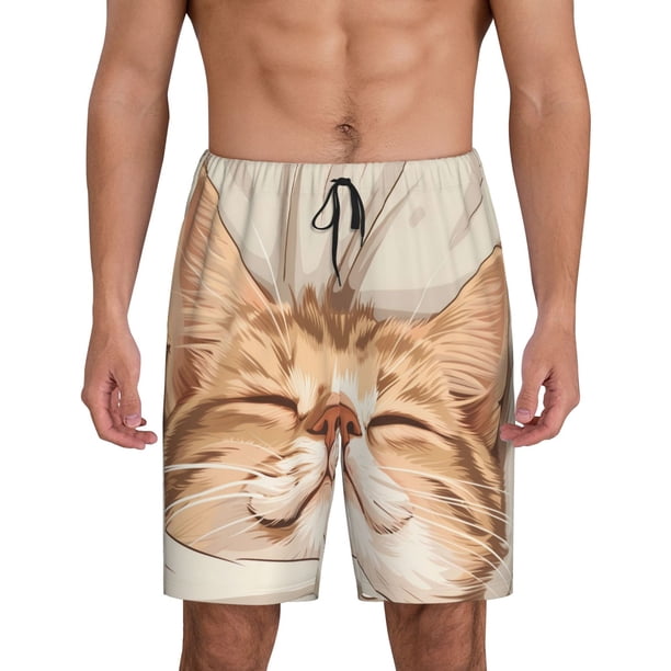 Balery Sleeping Cat In Blanket Pantalones cortos de pijama de punto de algodón para hombre con cinturilla y bolsillos-XX-Large
