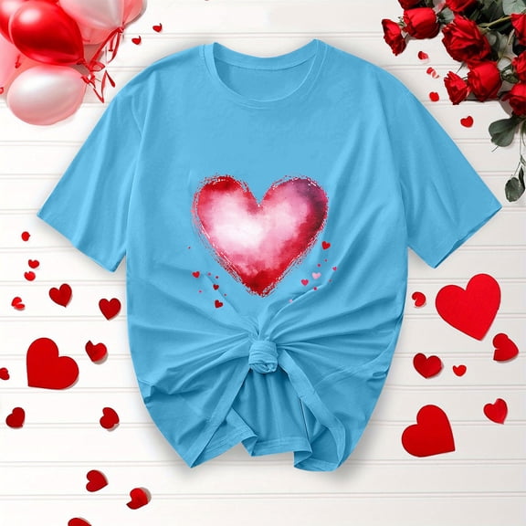 NuoCaiYun Trendy Valentine'S Blouses Women'S Summer Casual Short-Sleeve Heart Print T-Shirt Round Neck Tops
