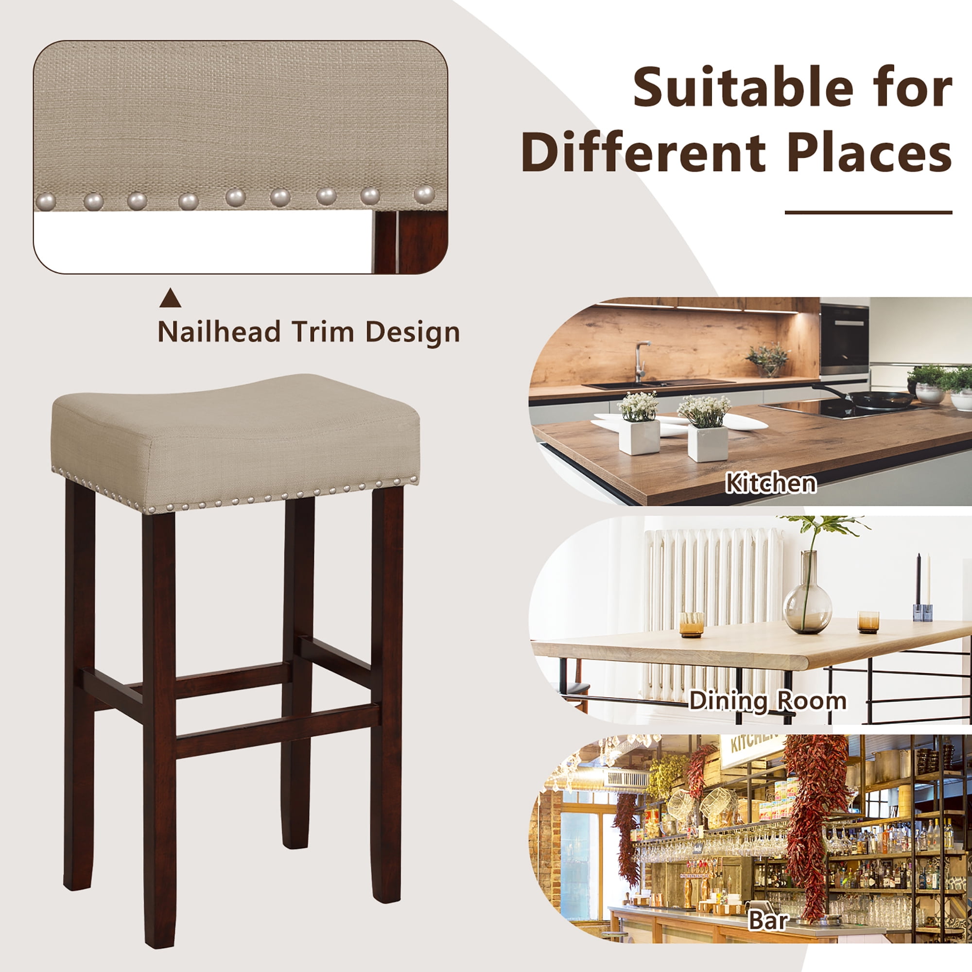 Costway Set of 2 Bar Stools Bar Height Saddle Kitchen Chairs with Wooden Legs Beige
