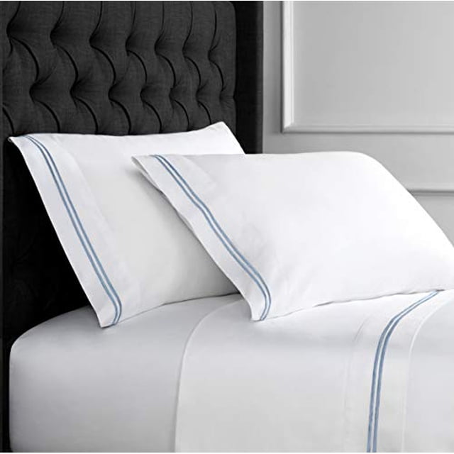 Melange Home 600 Thread Count Sateen 100% Cotton 2 Stripe Embroidery Sheet Set, Cal King, Blue on White