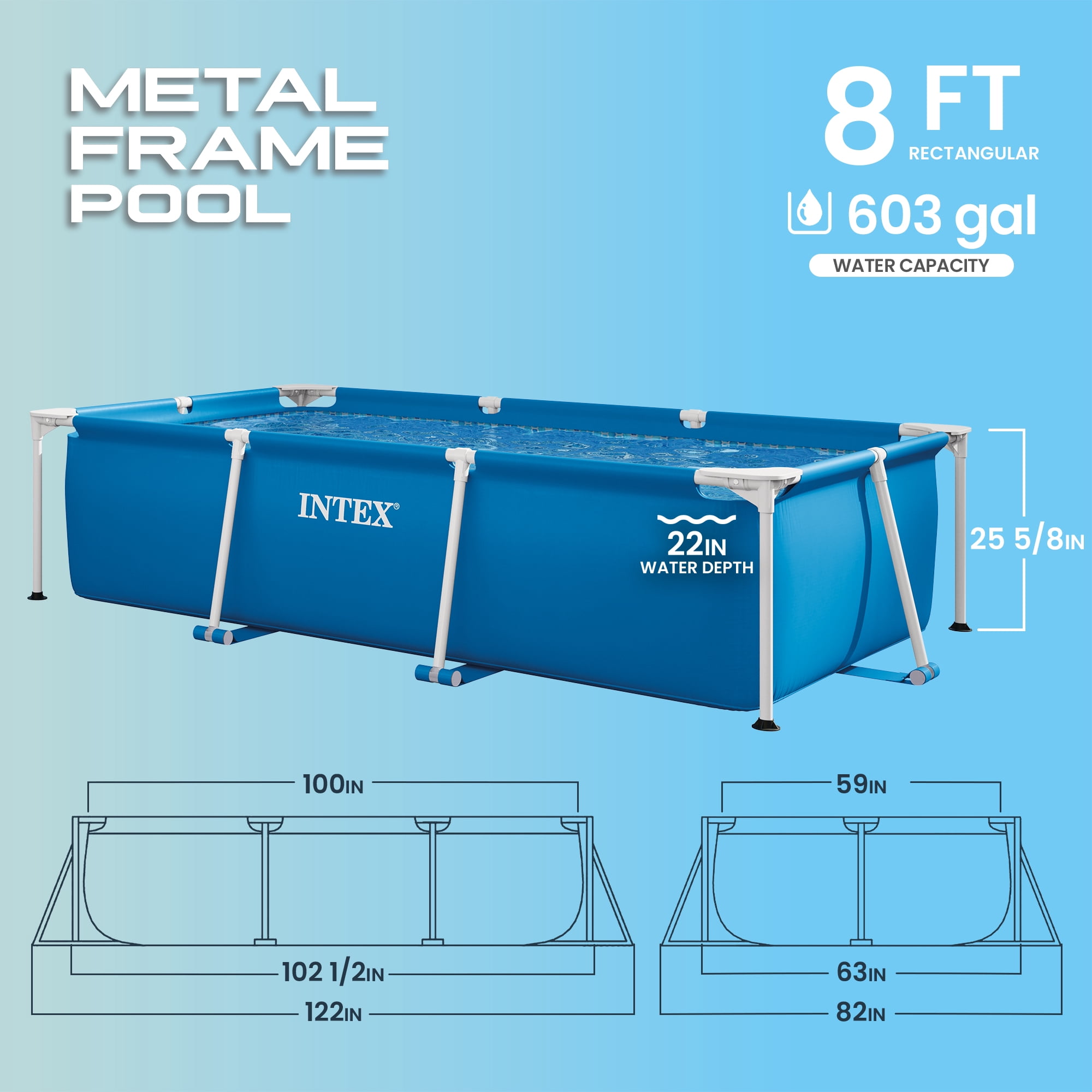 Open Box Intex 8.5'x26" Rectangular Frame Above Ground Backyard Swimming Pool