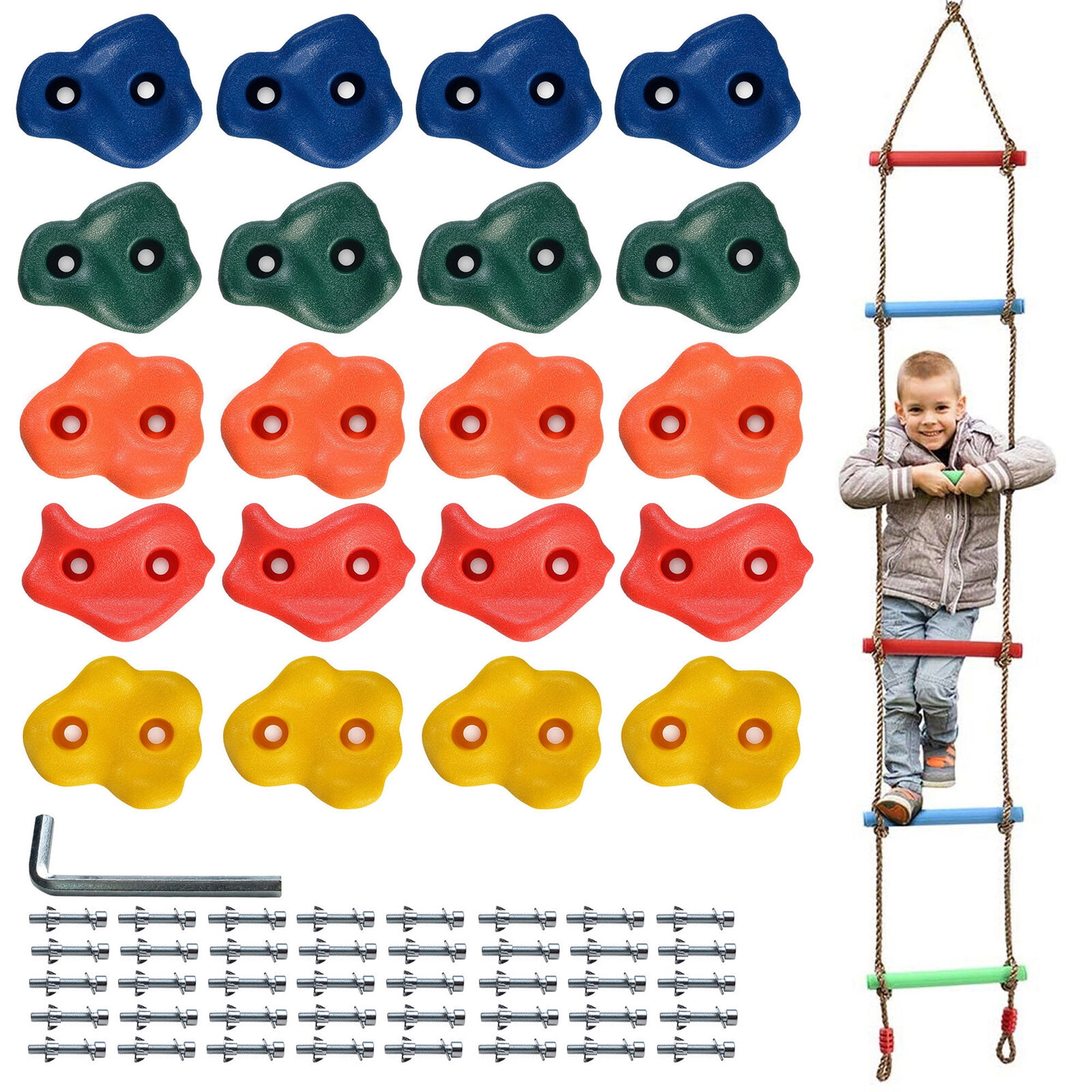 20X Climbing Holds Set Rock Wall Stones with Kids Hanging Rope Ladder Play Fun