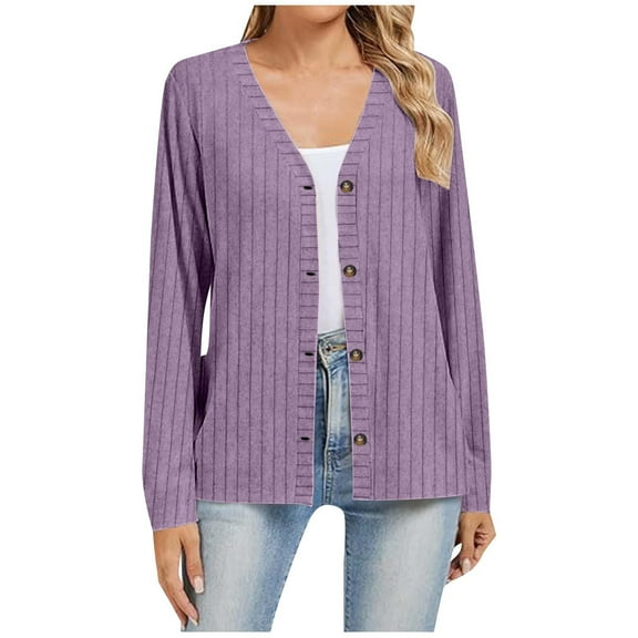 Scyoekwg Womens Ribbed Cardigan Casual Long Sleeve Open Front Button Textured Coats Fall Sweaters V Neck Outwear (Purple,XXL)