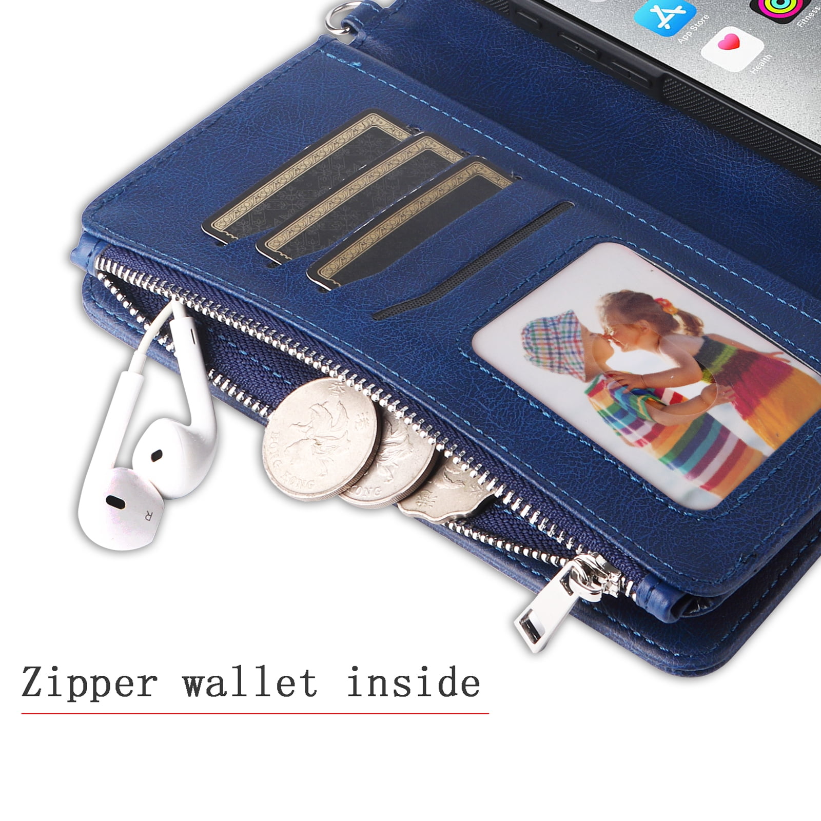 Dteck for iPhone 16 Wallet Case, 2 In 1 Detachable Protective Phone Case Women Men Kickstand flip Cover Wrist Strap Zipper Credit Card Holder Slots for iPhone 16,Blue