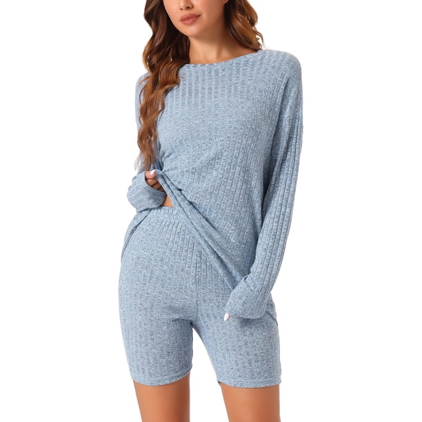 INSPIRAR CHIC Conjuntos de 2 Piezas para Mujeres, Conjuntos de Punto Acanalado a Juego, Top de Manga Larga con Pantalones Cortos de Ciclista, Sudaderas 2XL Azul Claro