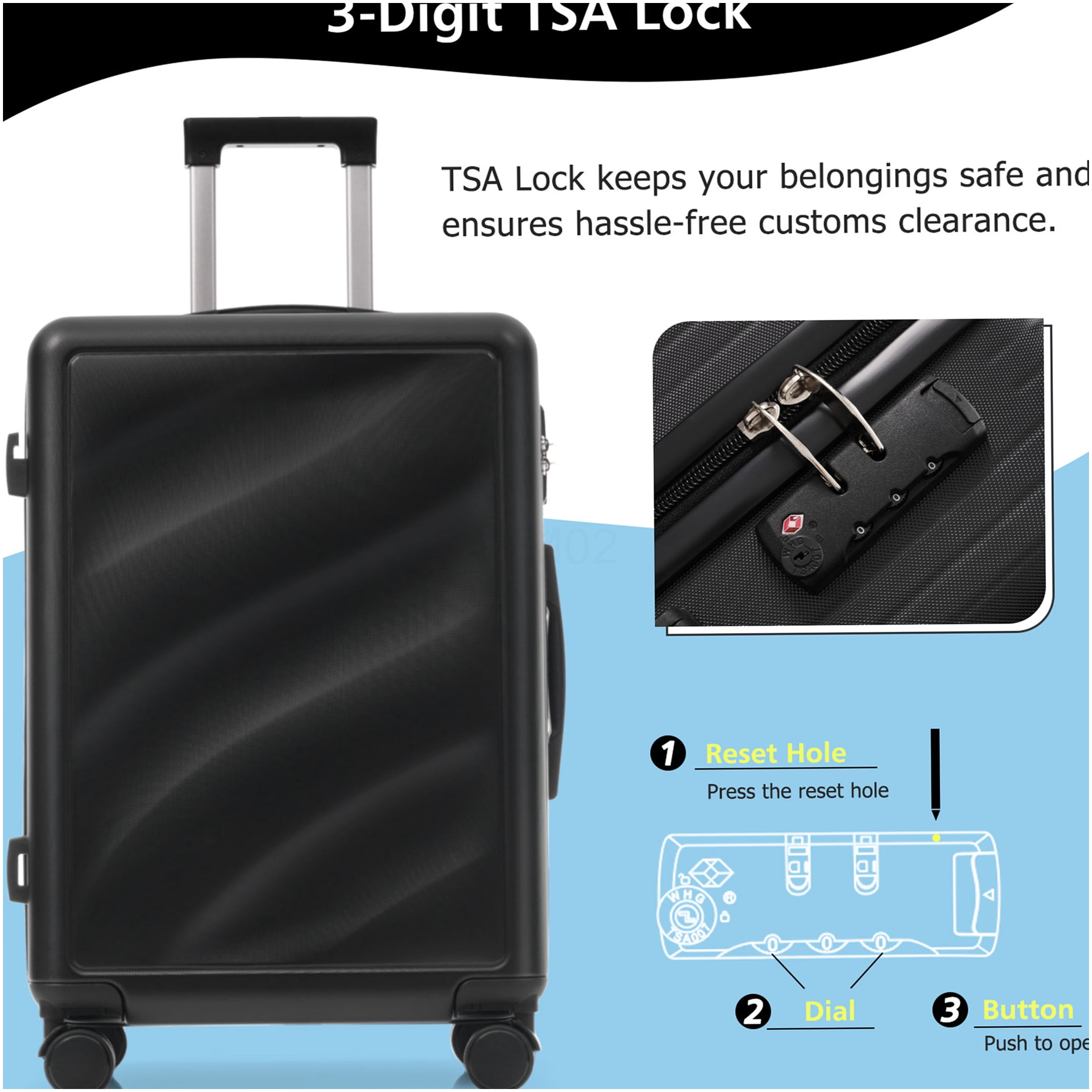 3-Piece ABS Hardside Luggage Set with Spinner Wheels, TSA Lock, Lightweight Suitcases for Travel (20/24/28 Inch) Black