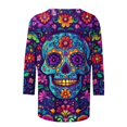 thumbnail image 4 of Women’s Day of the Dead T Shirt 3/4 Sleeve Crewneck Top Colorful Floral Skull Skeleton Print Trendy Casual Blouse for Festival and Themed Party Outfits, 4 of 5