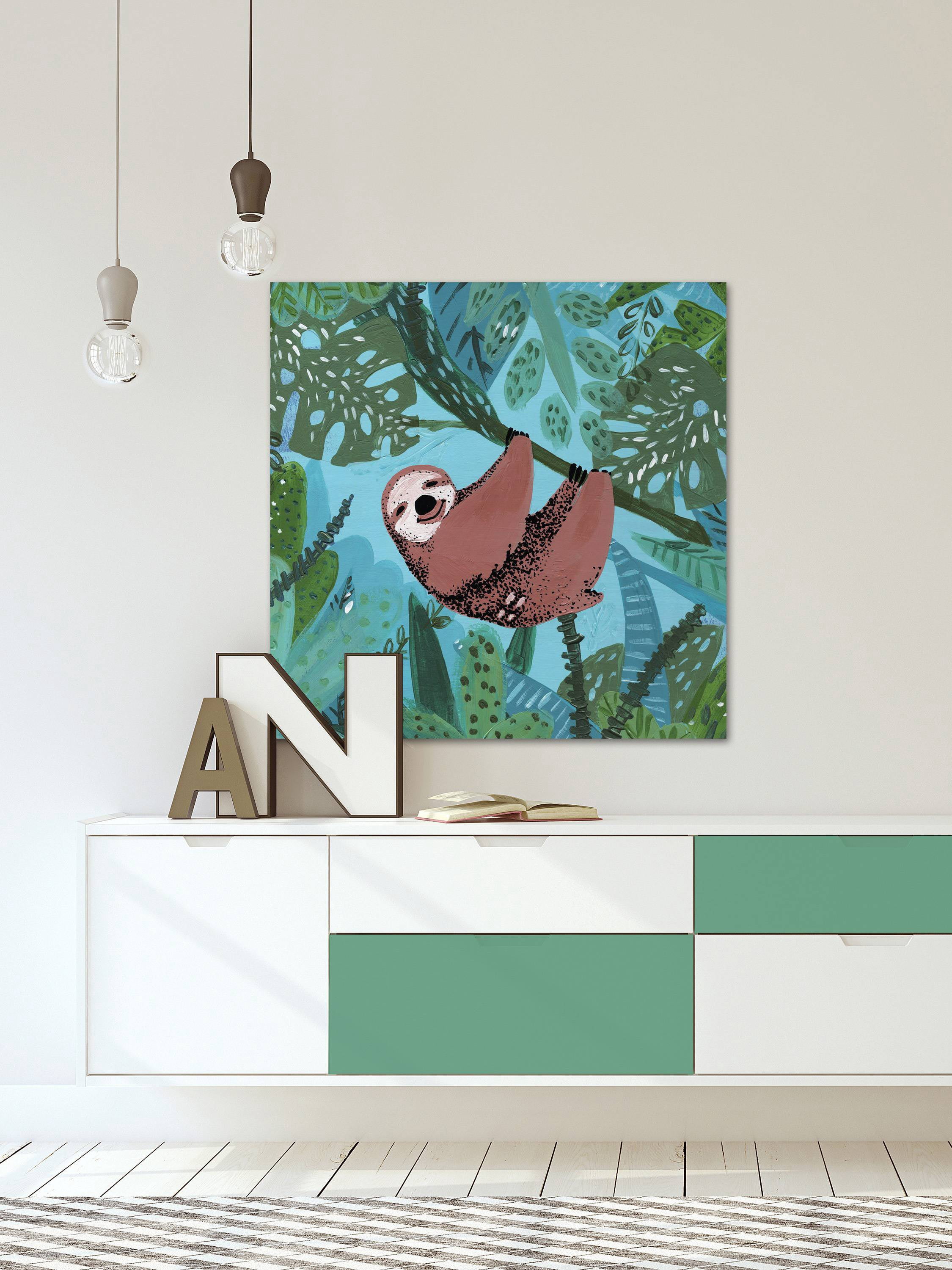 Hanging Happy Sloth Painting Print on Wrapped Canvas