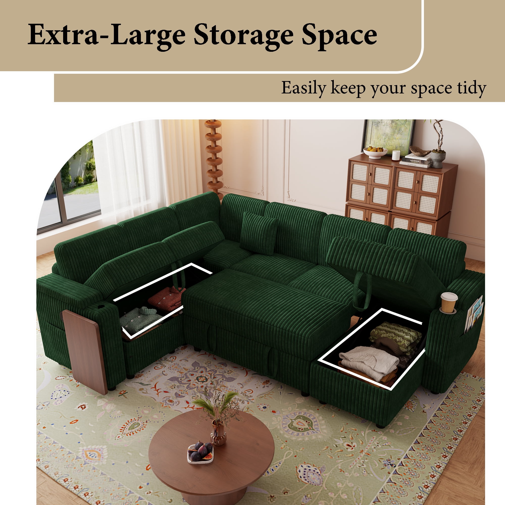 Howcool 100" Oversized Sleeper Sectional Sofa with Pull-Out Bed,U-Shape Corduroy Modular Sofa Couch with USB Ports & Storage,Green