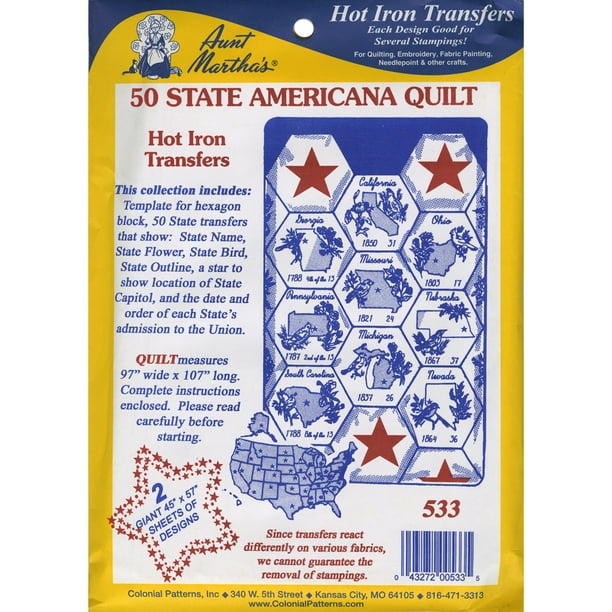 Aunt Martha'a Iron-On Transfert Collection-50 État Americana Courtepointe