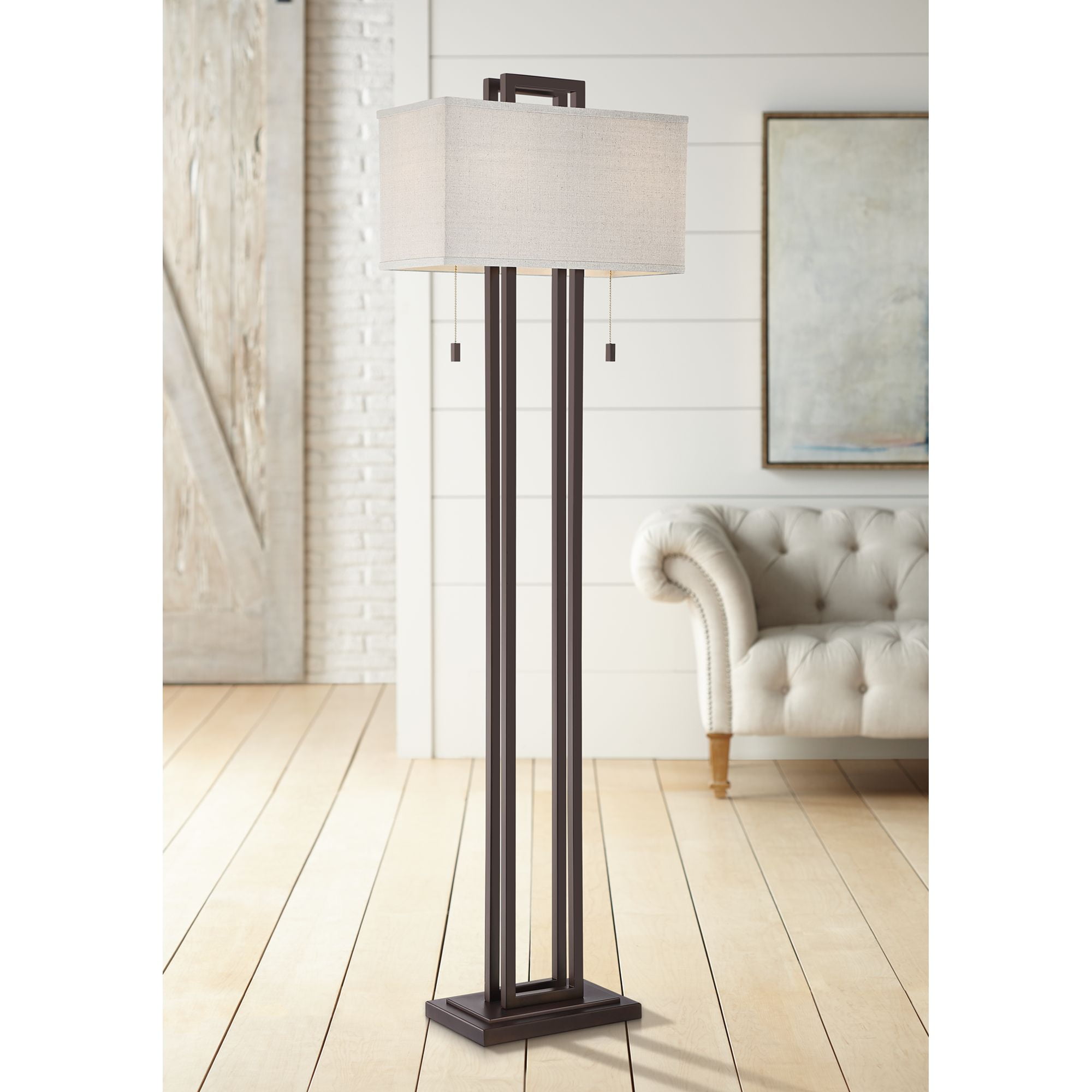 Possini Euro Design Modern Floor Lamp Double Tier Bronze Oat Meal Linen Rectangular Shade For Living Room Reading Bedroom Office