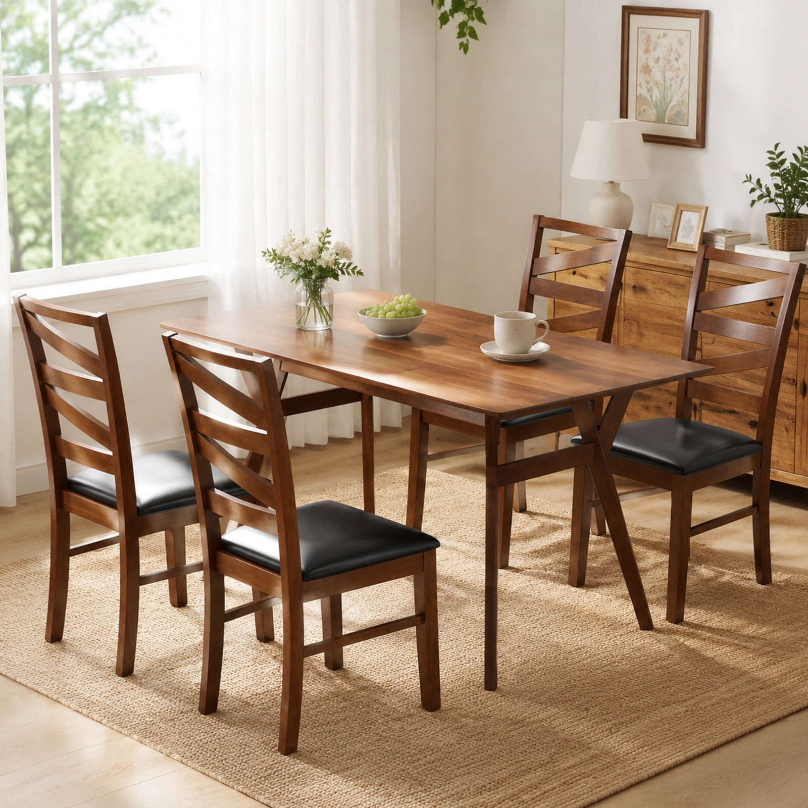 Furnibear Leather Dining Chairs Set of 2 Kitchen Side Chairs with Rubber Wood Legs and Ventilated W Shape Back for Dining Room, Walnut