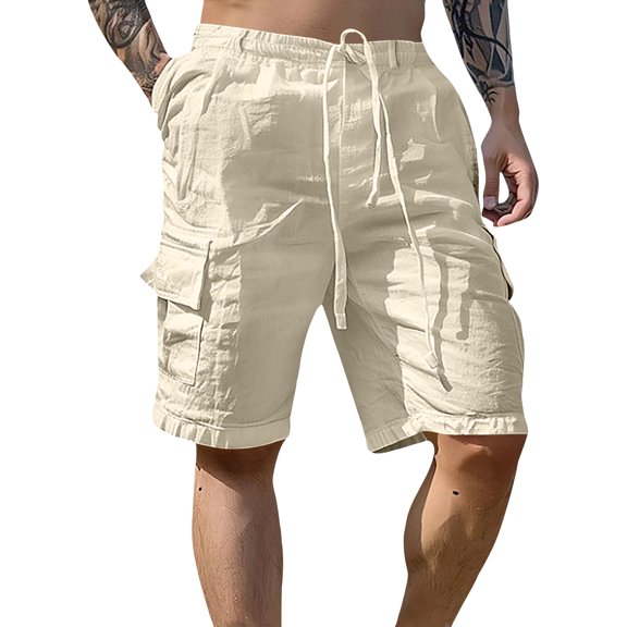 Zimjoy Men's Linen Cargo Shorts Summer Casual Loose Bermuda Elastic Waist Drawstring Lightweight Beach Vacation Shorts Khaki L