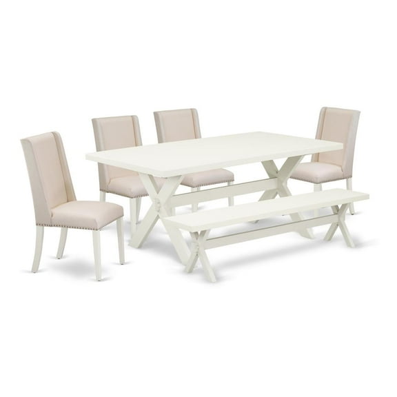 East West Furniture X-Style 6-piece Wood Dining Table Set in Linen White/Cream