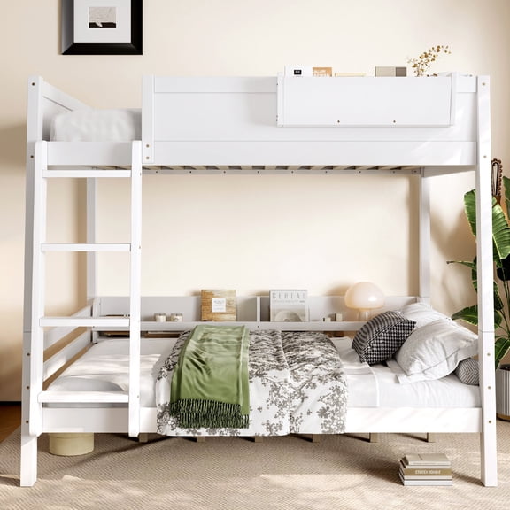 Full Size Bunk Bed Frame with Storage Shelf and Bookshelf, Able to Split Wood Bunk Bed Frame with Ladder and Guardrails for Bedroom, Apartment, Mattress not included, White