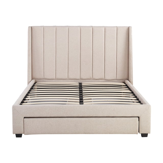 Ilios Innova | Base de Cama Matrimonial Tapizada Beige con Cabecera Acolchada Cajones Integrados y Estructura Resistente
