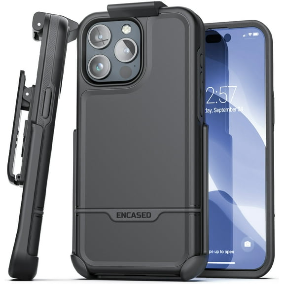 Encased Rebel Designed for iPhone 15 Pro Max Belt Clip Case, Protective Shockproof Phone Case with Holster (Black)