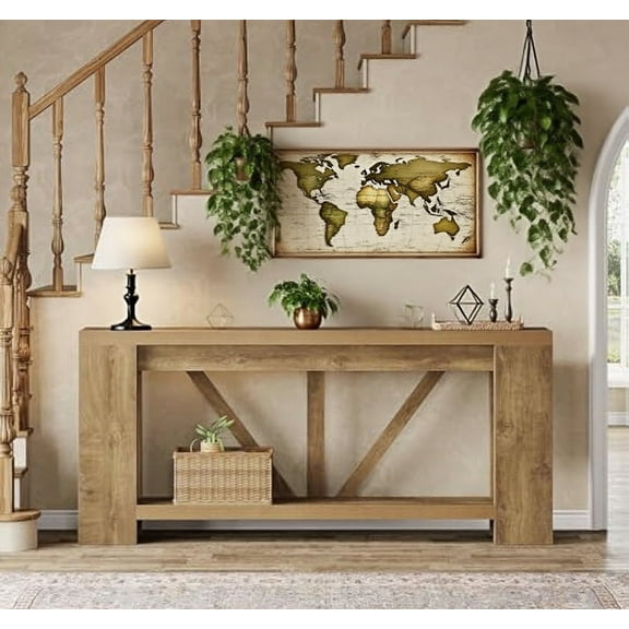 Extra Long Farmhouse Wood Console Table with Storage, 70.9"" Sofa Table Behind Couch, Narrow Entryway Table for Living Room, Foyer, Entrance,(Light Brown)