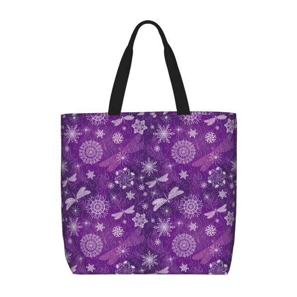 Fotbe Purple Snowflakes Bolsa Tote con Estampado para Mujer, Bolsos con Cremallera, Bolsa de Hombro Casual de Gran Capacidad con Bolsillos Internos