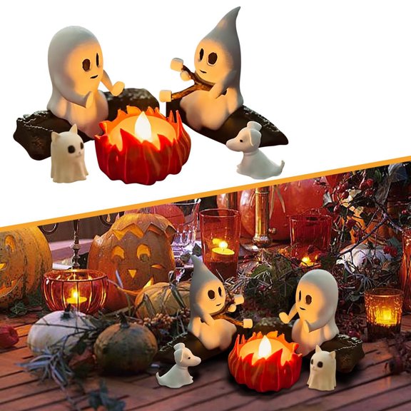Ghost Campfire Nightlight Ghost Campfire Gathering | Spooky Halloween Decor | Cute Ghost Figurine Set | Campfire Display | Haunted Ghost Scene | Ghost Adventures(2 Ghosts Cat Dog)