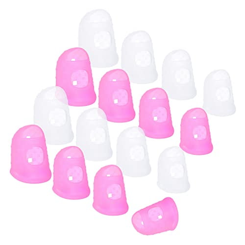 16 Pcs Finger Tips,4 Sizes Silicone Thimble Fingertip Grips Thumb Protectors Pads Cover for Hand Sewing,Paper Sorting,Page Turning,Money Counting,Guitar Playing - Pink,Translucent