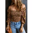 thumbnail image 1 of Women's Green Floral Print Shirred 3/4 Sleeve Off Shoulder Blouse, 1 of 5