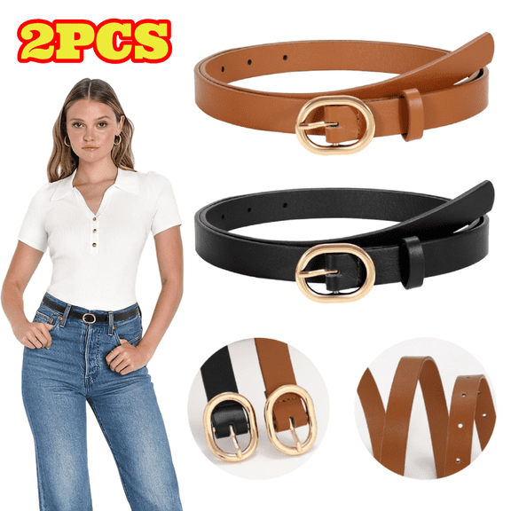 2pcs Fashion PU Leather Belts for Women, 0.7" Skinny Waist Belt with Gold Buckle for Jeans Pants