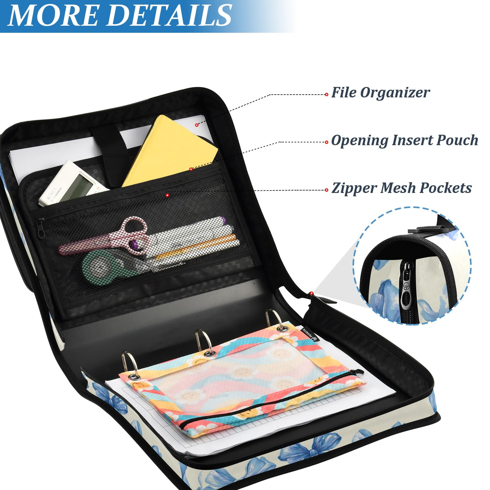 Zipper Binder Bow 1.5 Inch Binder Folder Bag with Shoulder Strap and Handle