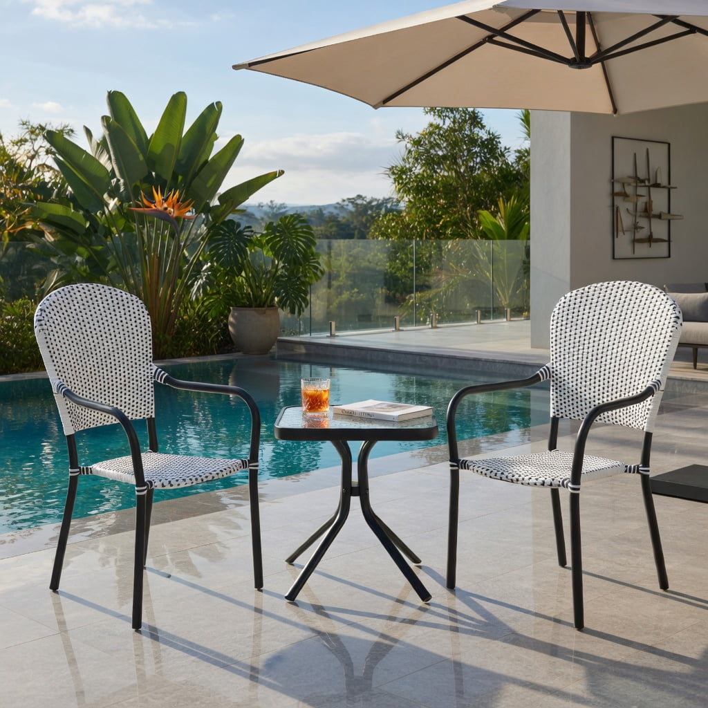 Hommoo 4-Pack Stackable Outdoor Dining Chairs, PE Rattan with Black Steel Frame, Weather-Resistant Patio Chairs for Garden, Poolside & Backyard, White