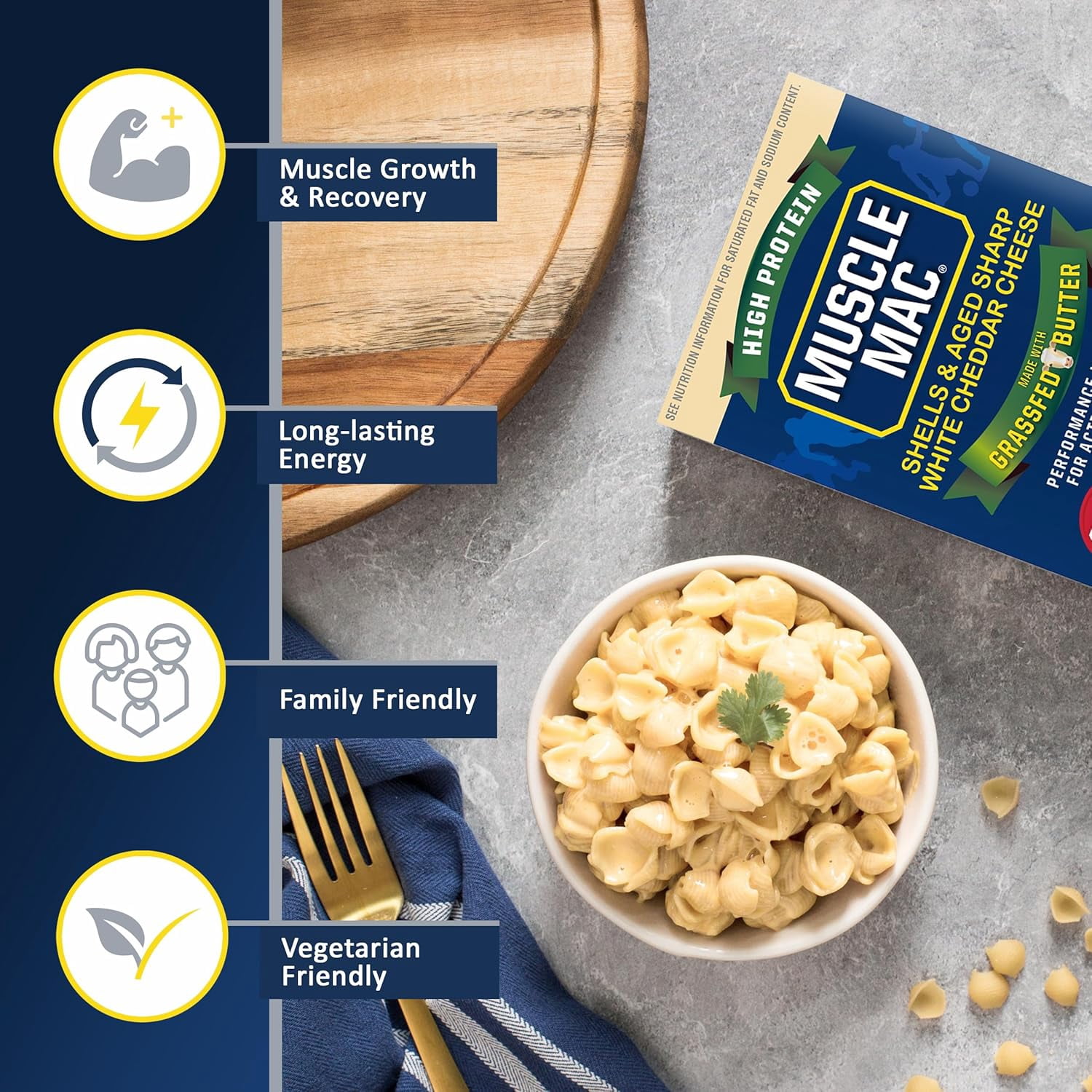 (5 pack) Muscle Mac High Protein Shells & Cheese Dinner, Made With Aged Sharp White Cheddar and Butter from GrassFed Cows, 20g of Protein, 6.7 oz
