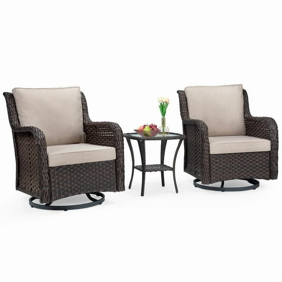 Towallmark Patio Bistro Set, 3 PCS Outdoor Rattan Rocking Chairs With Coffee Table, 360° Swivel Rocker Conversation Set, Thickened Cushions, For Backyard Garden Porch