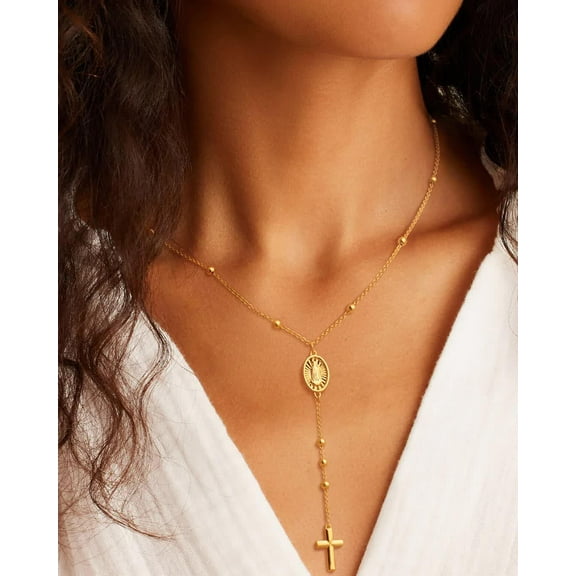 Gold Cross Necklaces For Women Long Necklaces For Women Trendy 14K Gold Plated Lariat Necklace For Women Rosary Beaded Pendant Drop Dainty Gold Necklace Gold Jewelry For Women[o7991]