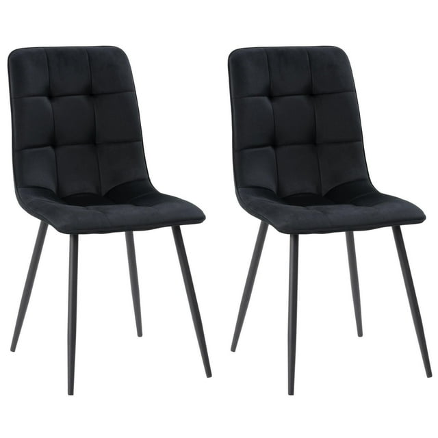 Set of two CorLiving Nash modern black velvet upholstered dining chairs with tufted backs and slender metal legs for kitchen or dining room.