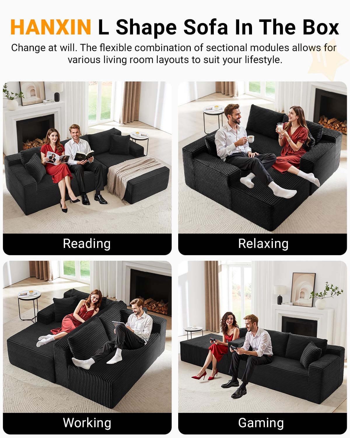 Aukfa 107" Cloud Modular Sectional Couch with Right-Facing Chaise, Corduroy Deep Seat Boneless Sofa for Living Room, Apartment, Black