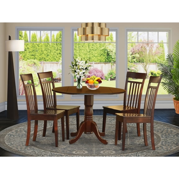 Round Drop Leaf Dining Set - Small Kitchen Table & 4 Chairs - Mahogany Finish - Elegant Dinette Set