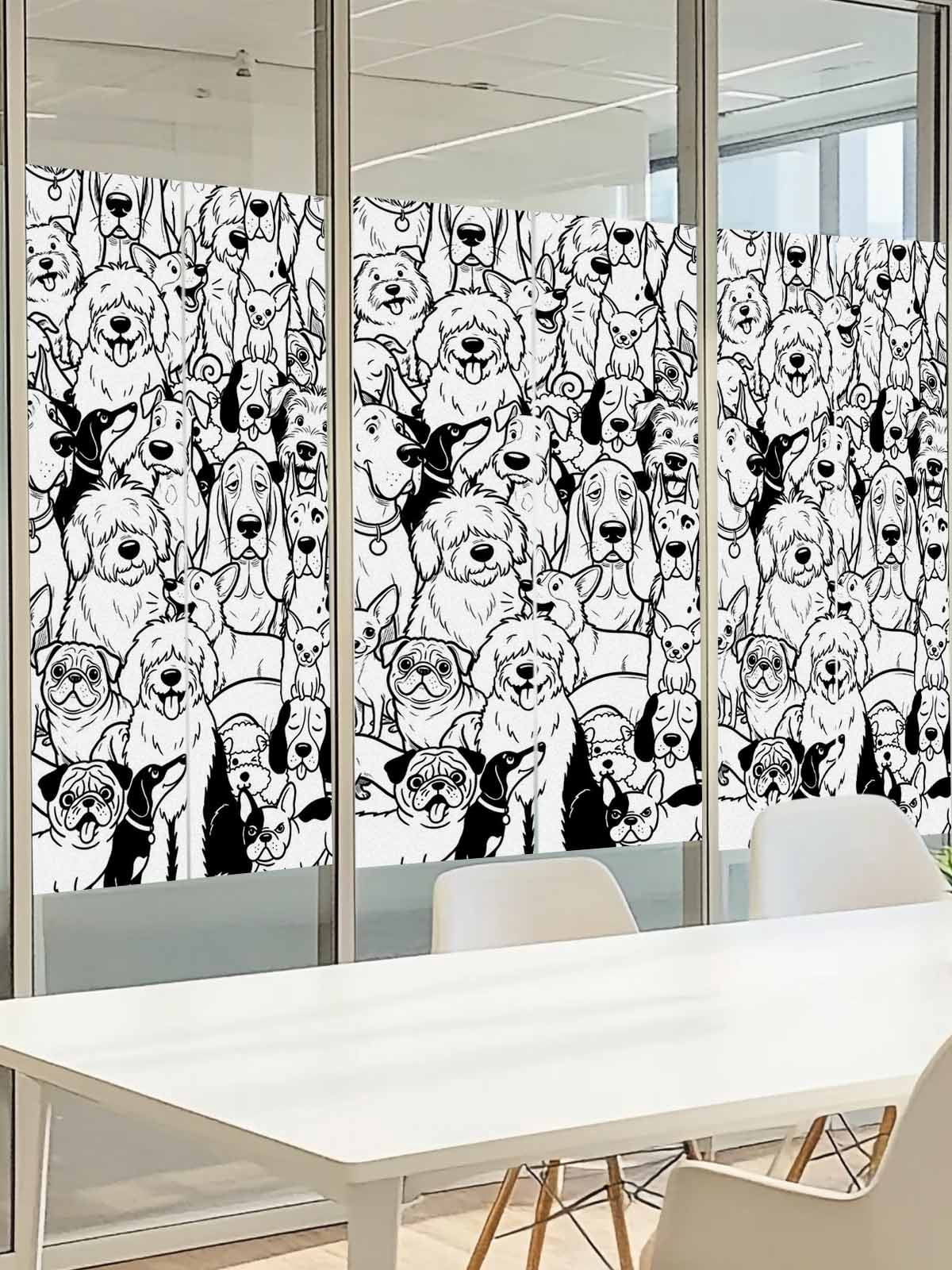 Cute Dag Window Privacy Film, Black White Lines Puppy Cartoon Animal Abstract Frosted Glass Window Clings Static Cling UV Heat Blocking Reusable Door Sticker for Bathroom 23.6 x 59 Inch