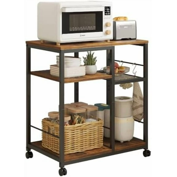 Kitchen Microwave Cart，Rolling Kitchen Cart with Lockable Wheels, 4-Tier Microwave Stand, Bakers Rack Island, Coffee Cart Appliance Storage, Kitchen Table for Office, Living Room
