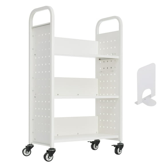 KFFKFF Rolling Library Book Cart, 330 lbs Capacity, 30.3 x 15 x 48.0-Inch, Single-Sided L-Shaped Shelves with 3-Inch Lockable Wheels, Book Truck for Home, Office, and School, White