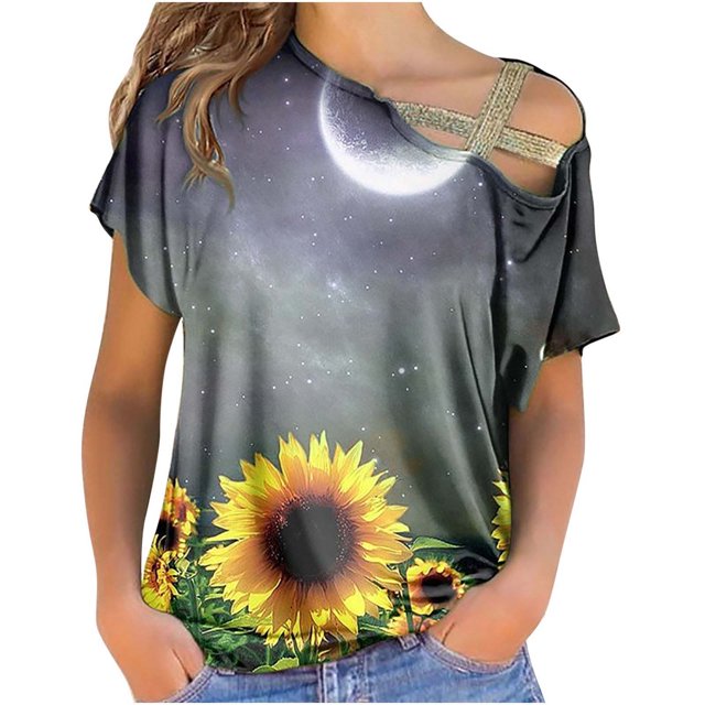 Blusa de manga corta con hombros descubiertos y estampado de flores para mujer Pompotops hfajkhk128739
