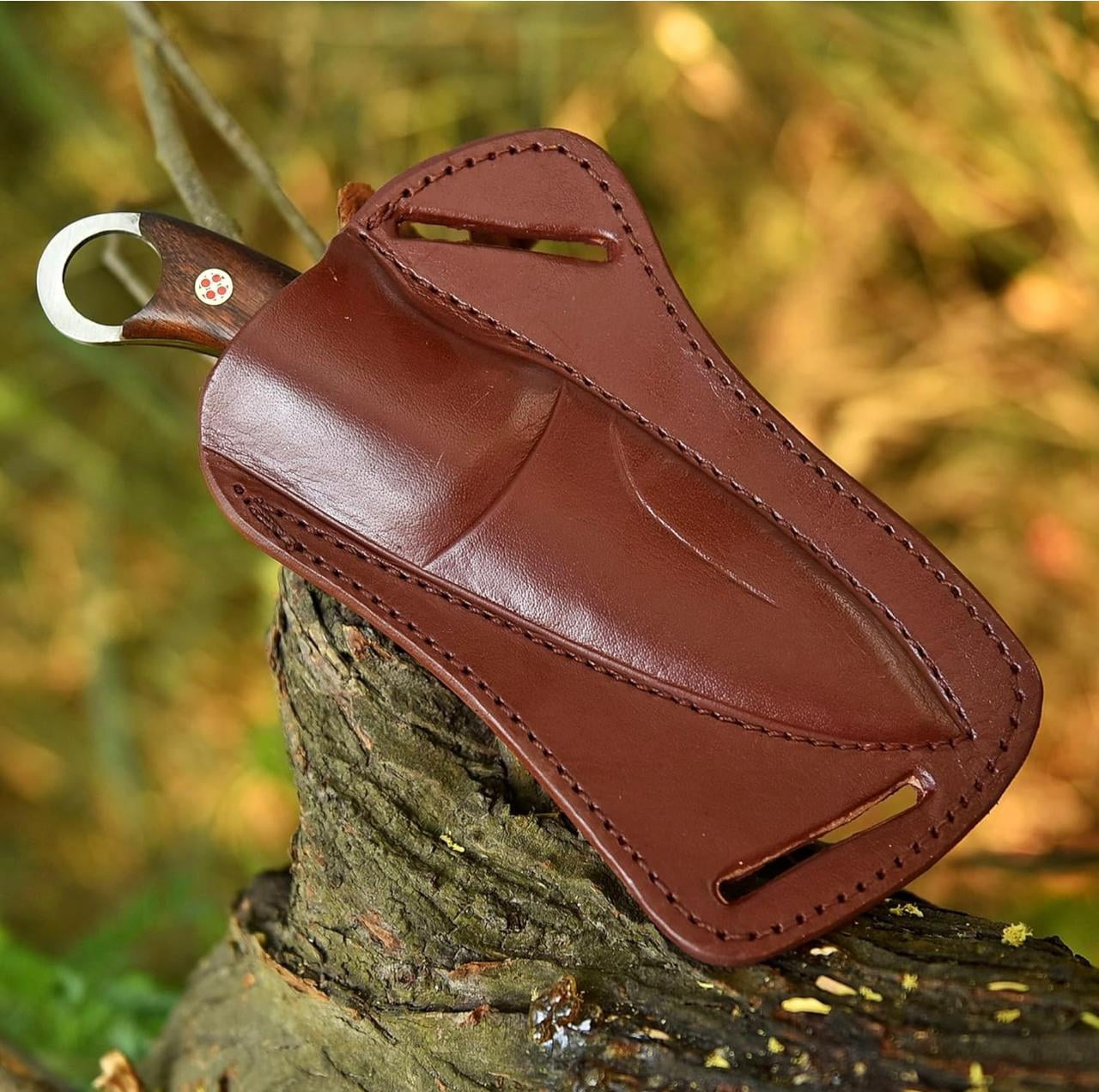 Damascus Steel Hunting Knife with Wooden handle, Fixed Blade Knife with Leather Sheath, Outdoor Camping Survival Knife