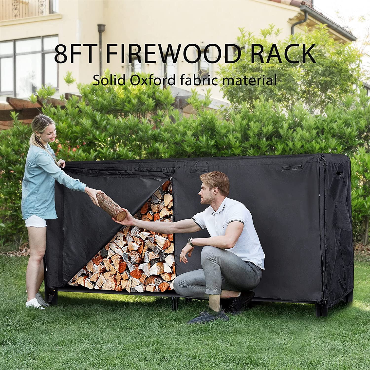 SPECSTAR 8ft Heavy Duty Indoor Outdoor Firewood Storage Log Rack with Cover Combo Set Black